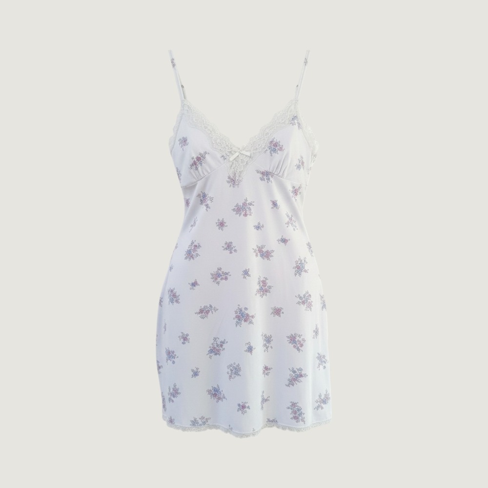 Laura Ashley Dress Floral Lace Trim Chemise Nightgown White Blue Pink Medium Y2k